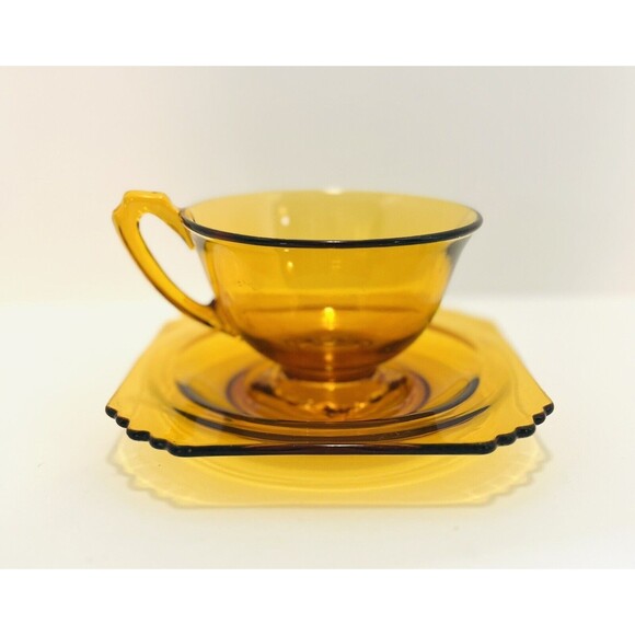 Vintage Diamond Glass Amber Cup & Saucer Set 1930 Elegant Depression - Picture 1 of 6